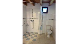 A bathroom with a shower, toilet, and a small window. - Gite Herisson, Nid Pour Amoureux Dans la Nature (Avène)