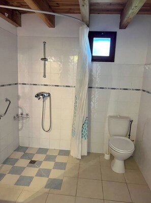 A bathroom with a shower, toilet, and a small window.