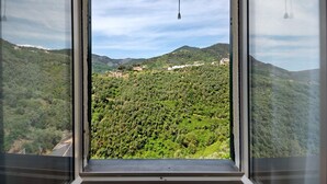 A view through a window of a mountainous landscape with buildings. - Holiday Home 'Casa Luci' with Sea View, Private Terrace and Wi-Fi (Levanto)