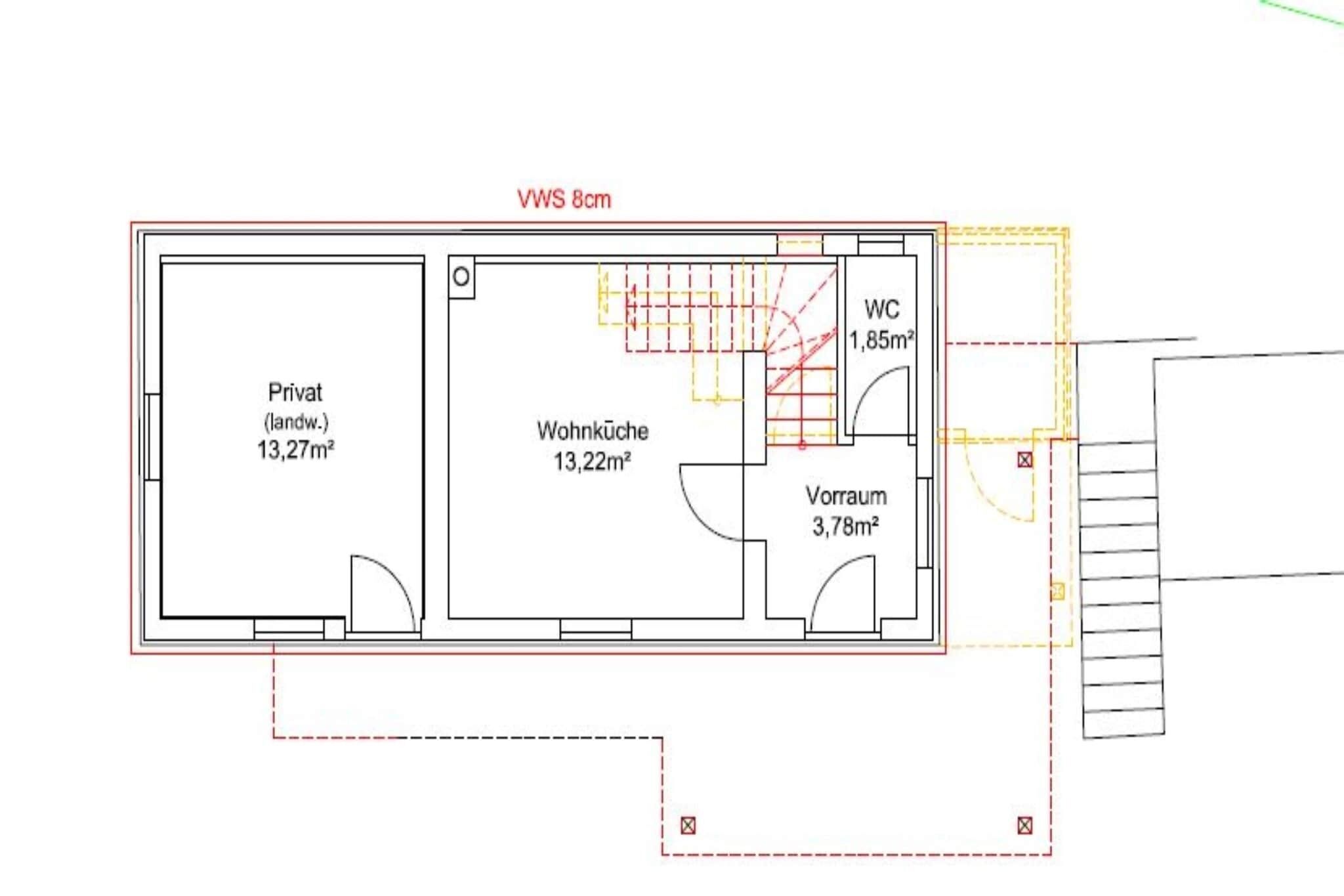 A floor plan with a private area (13.27 sqm), a living room (13.22 sqm), a WC (1.85 sqm), and a balcony (3.78 sqm).