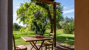 Eine Terrasse im Freien mit einem Holztisch, Stühlen, einer Flasche und Gläsern.