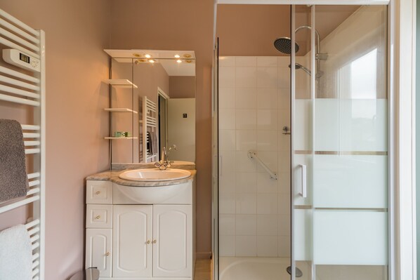 A modern bathroom with a glass shower enclosure, a vanity with a sink, and a towel rack.