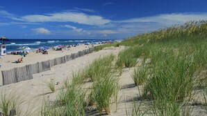 Ein Strand mit einer Holzlattenverkleidung, Badegäste und Sonnenschirmen.