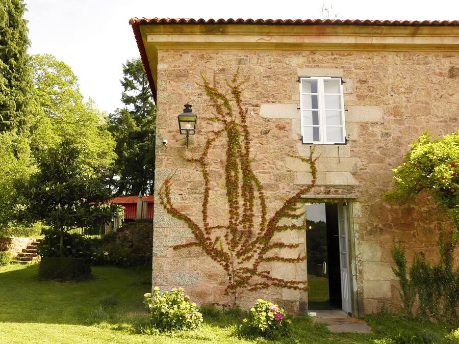 A stone building with a window and a door, surrounded by greenery.