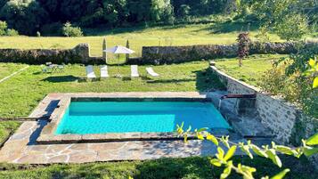A rectangular pool with stone edges, surrounded by a stone wall and grass.
