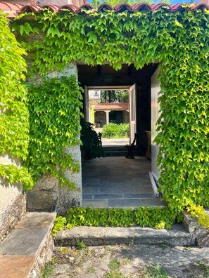 Une entrée en pierre surmontée d’un toit de tuiles, entourée d’une végétation luxuriante de lierre, mène à une cour où se trouve un banc en pierre et un bâtiment avec un toit de tuiles rouges.