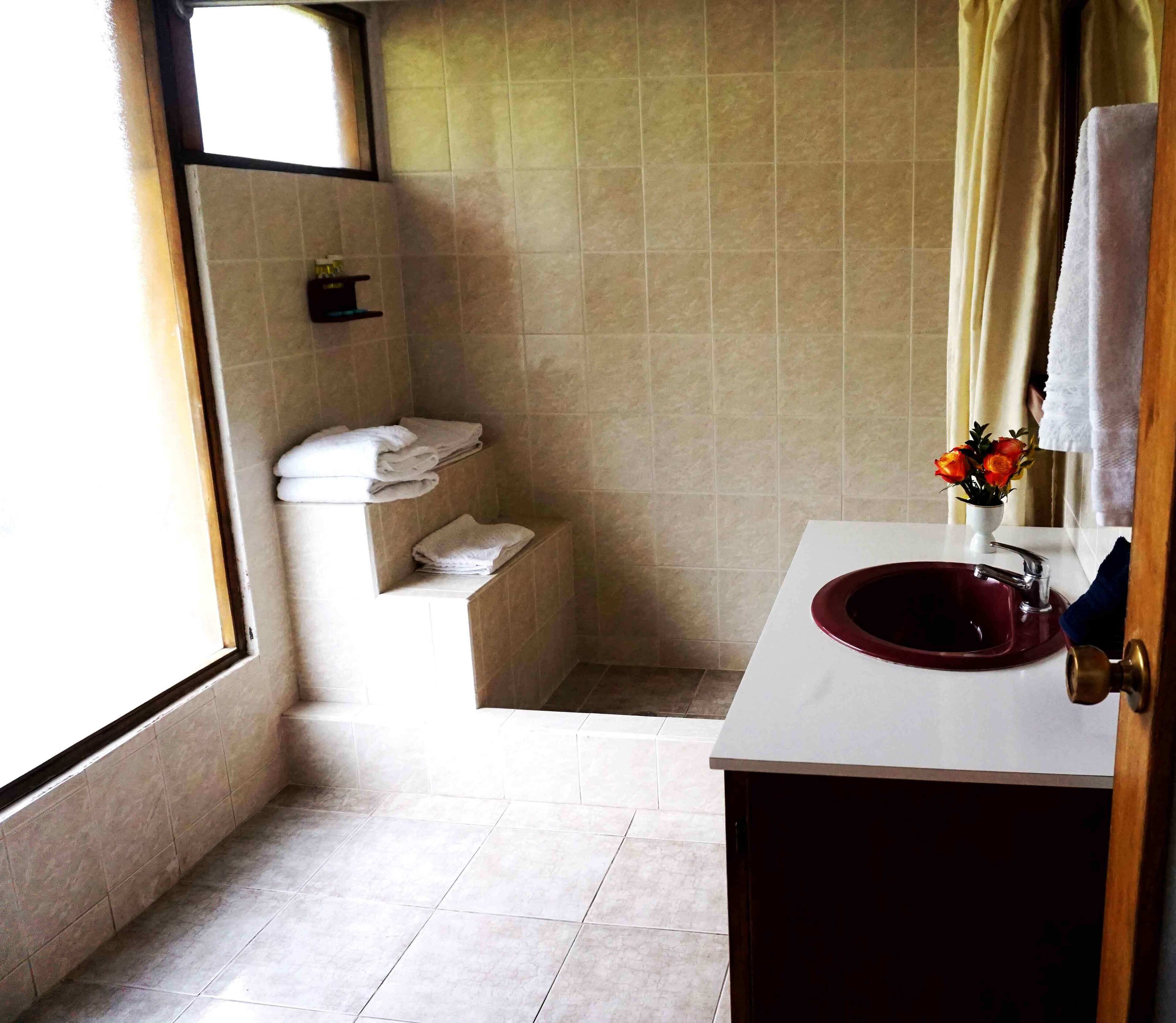 Un baño con lavamanos blanco, un lavabo rojo, un inodoro y un estante con toallas.