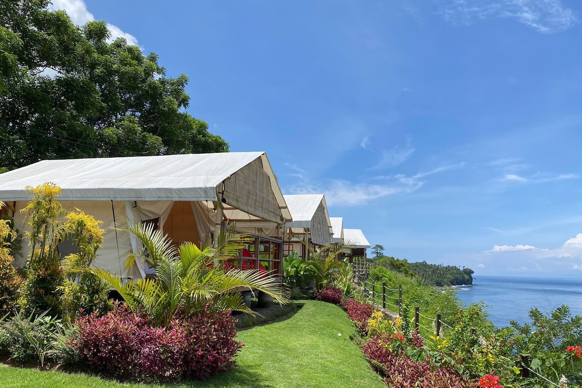 A row of white-roofed cabins with a grassy pathway and colorful plants in front.