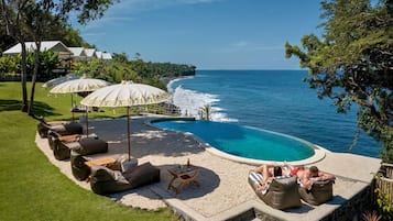 Outdoor pool, pool umbrellas, pool loungers