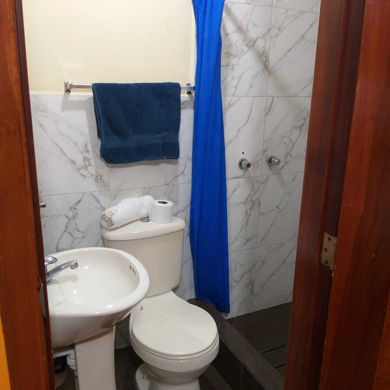 Une salle de bain avec des toilettes blanches, un lavabo et un rideau de douche bleu.