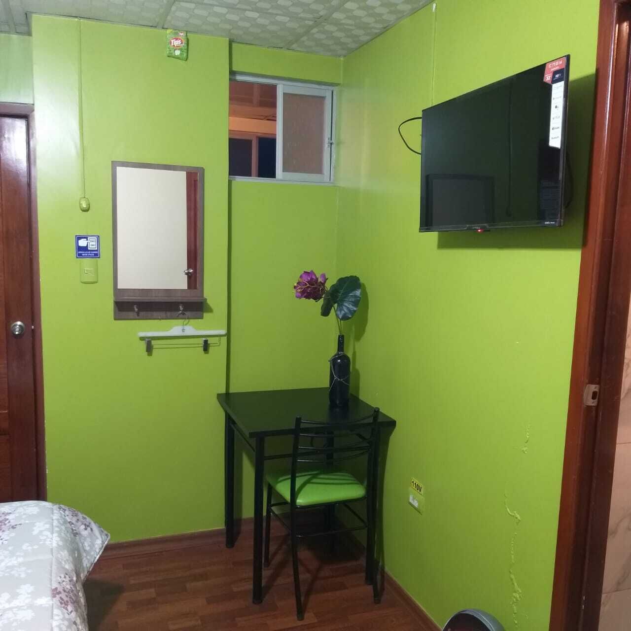 A small room with a green wall, a wooden door, a window, a table with a chair, a TV mounted on the wall, and a plant on the table.