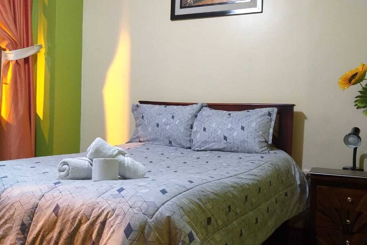 A bedroom with a bed, pillows, a nightstand, a lamp, a framed picture on the wall, and a window with curtains.