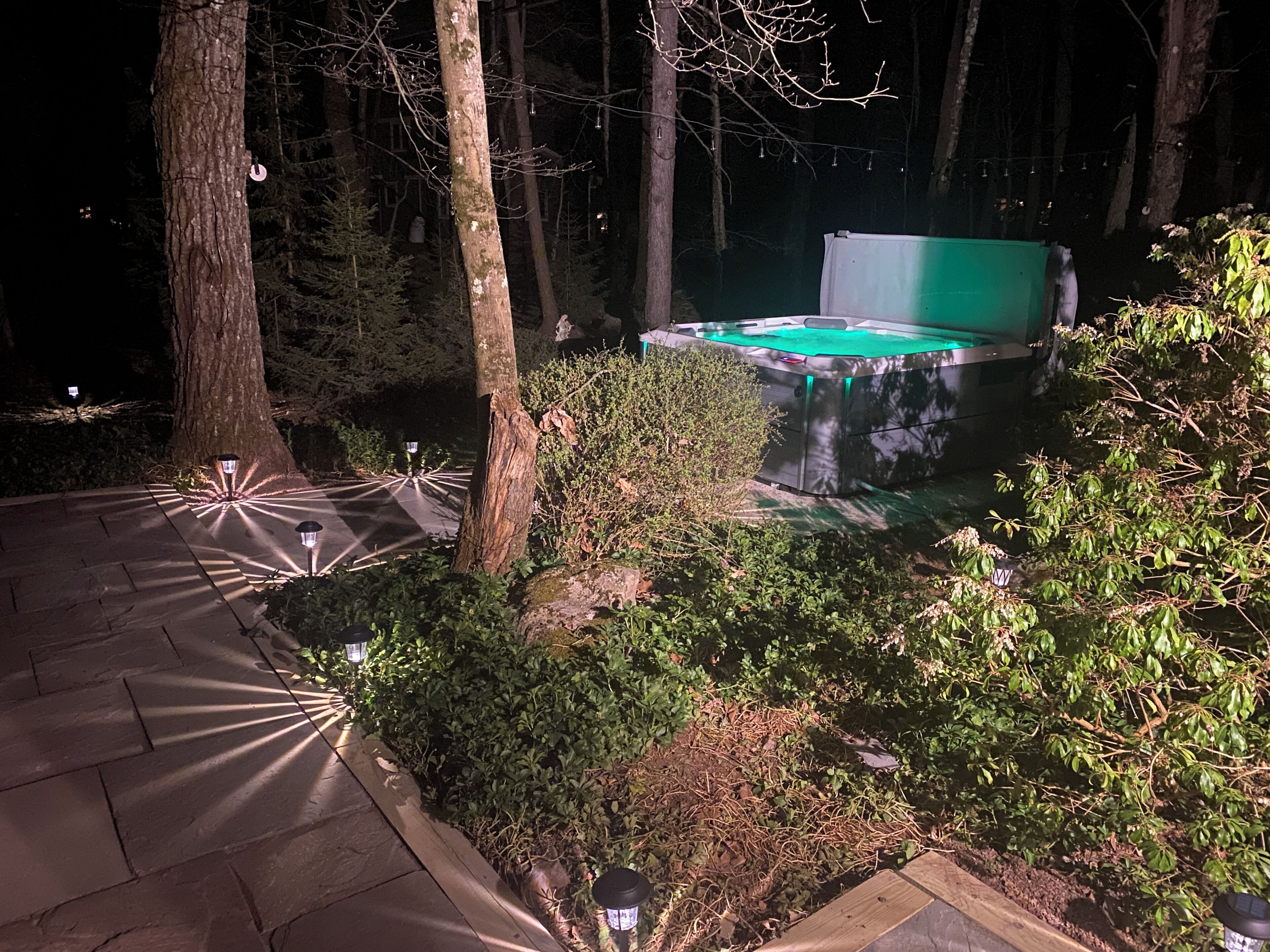 Slate walkway leading to our hot spring hot tub 