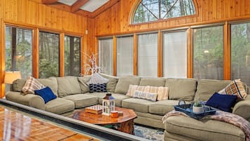 Smart TV, fireplace, books, stereo