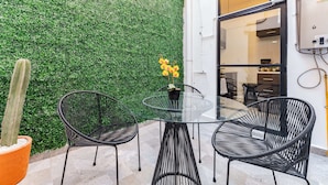 Una mesa de vidrio con dos sillas de alambre negras, una planta en maceta y un cactus frente a una pared verde.
