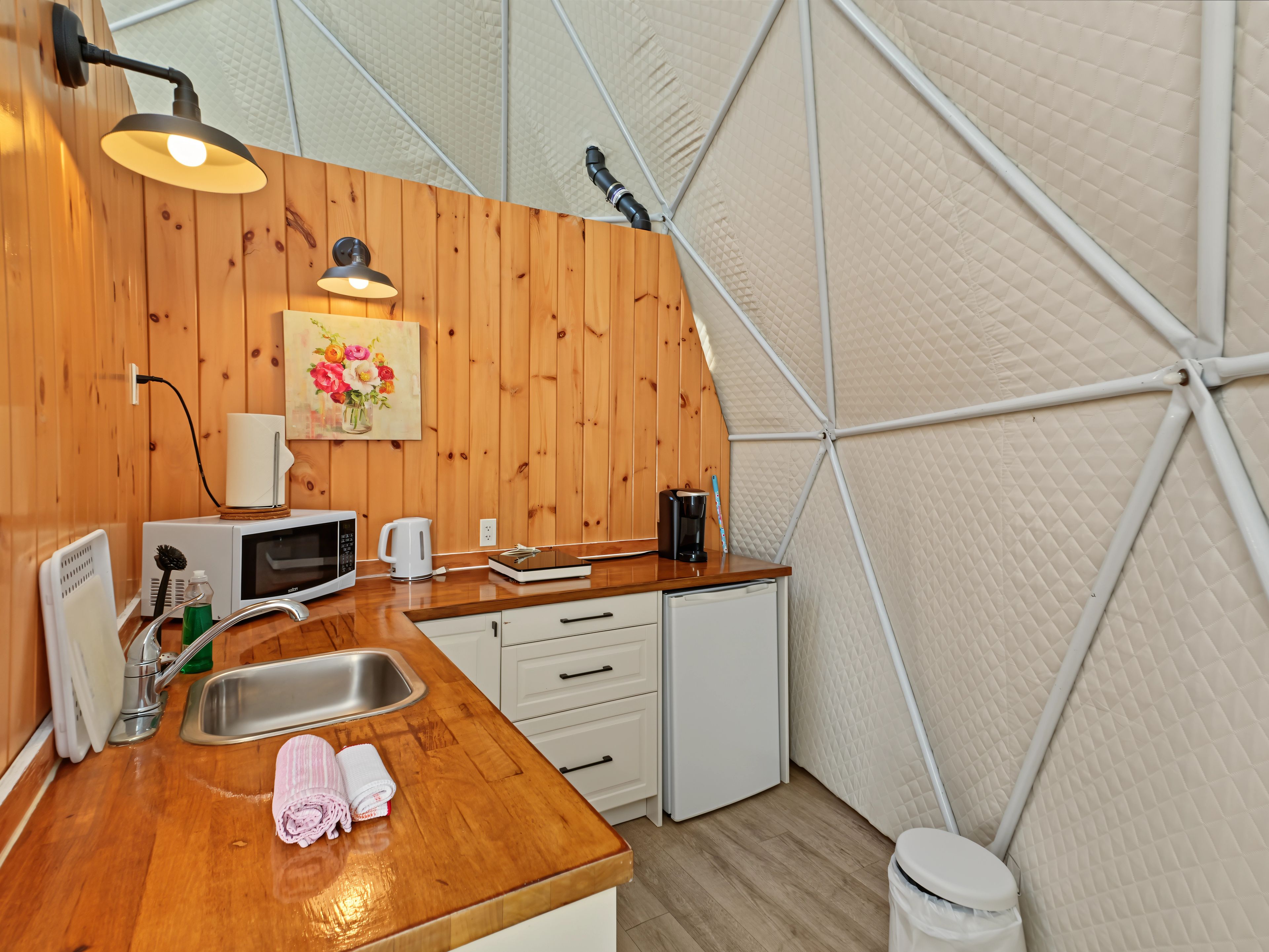 Une cuisine de taille réduite, avec un revêtement mural en bois, un four à micro-ondes, une machine à café et un évier.