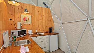 Une cuisine de taille réduite, avec un revêtement mural en bois, un four à micro-ondes, une machine à café et un évier.
