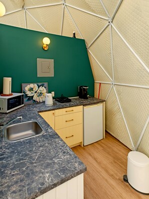 Cocina compacta con lavamanos, microondas, cafetera y un cuadro en la pared.