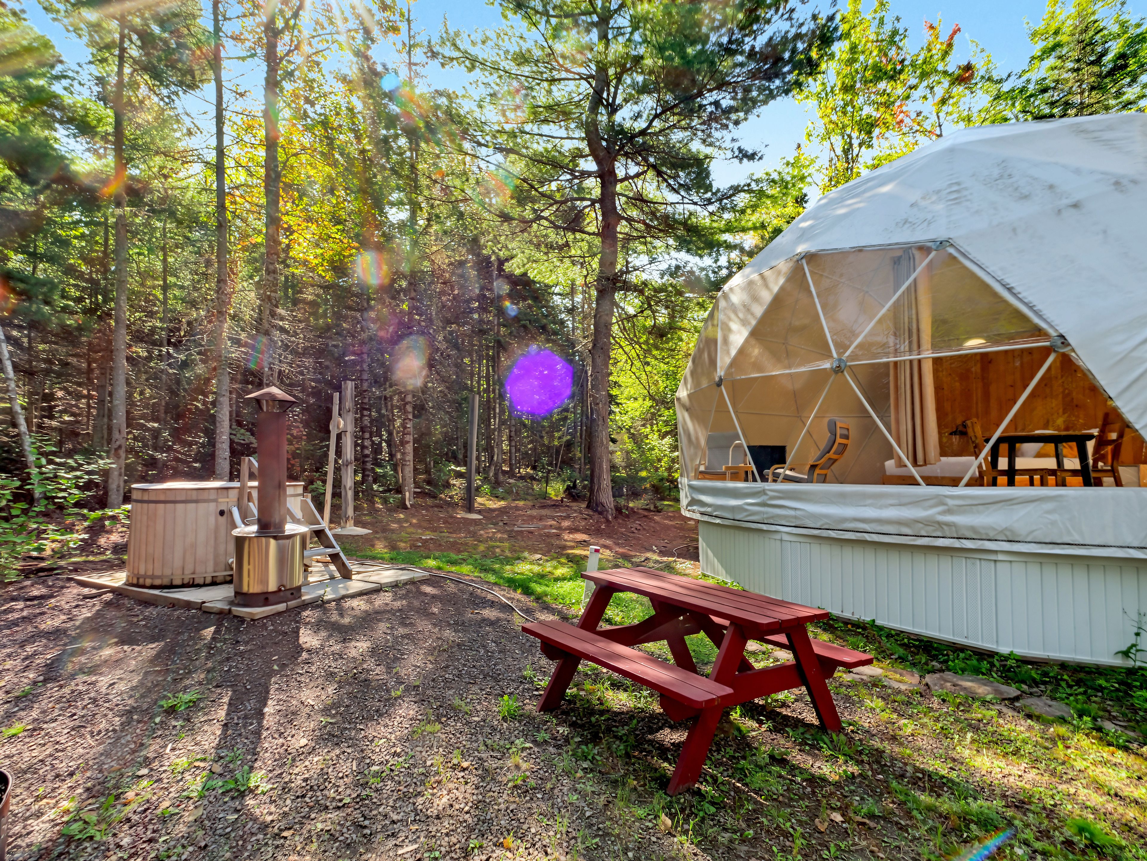 Una tienda de forma abovedada con una mesa de picnic y un jacuzzi en un área boscosa.
