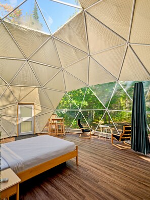 A geodesic dome structure with a bed, seating area, and a view of the forest. - Glamp Camp (Waterborough)