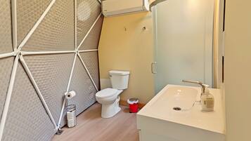 Een kleine badkamer met toilet, wastafel en spiegel.