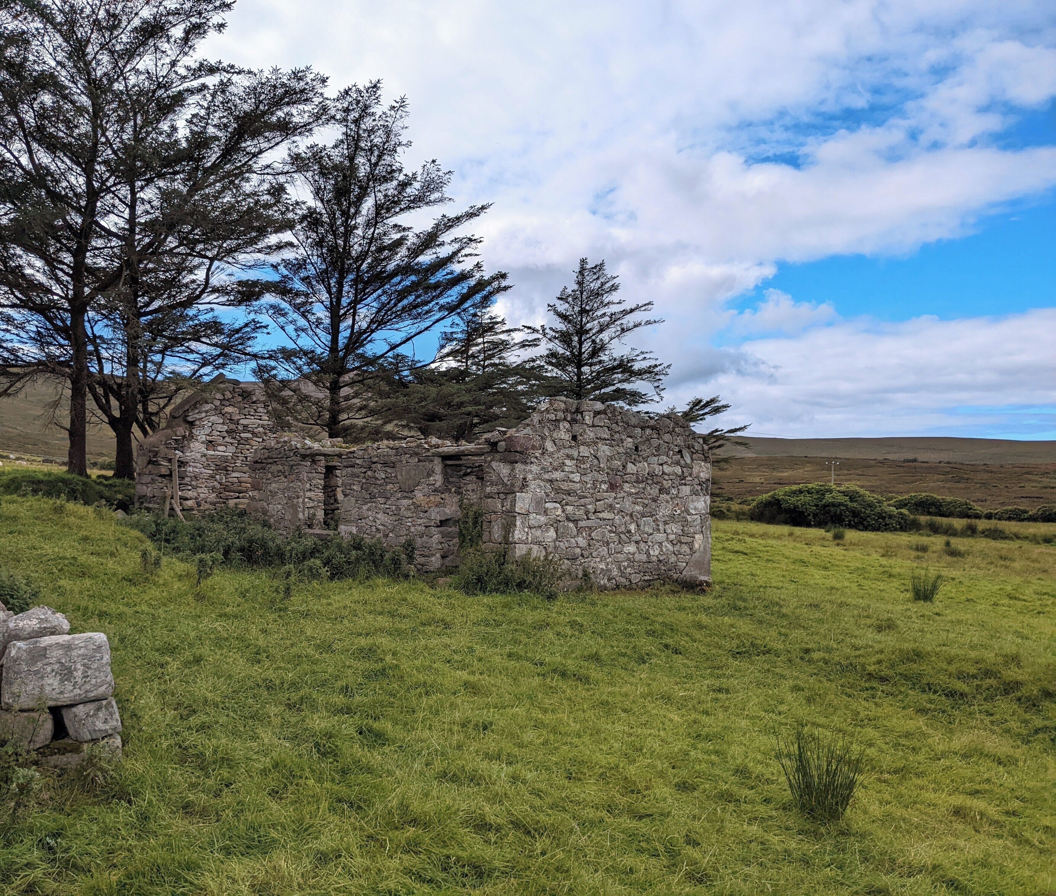 A stone ruin with a grassy field and trees in the background.