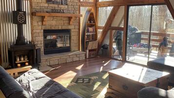 Smart TV, fireplace, books, music library