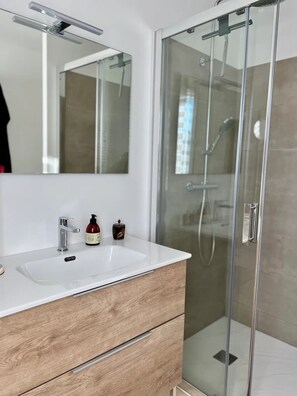Chuveiro, secador de cabelo, toalhas de banho, papel higiênico