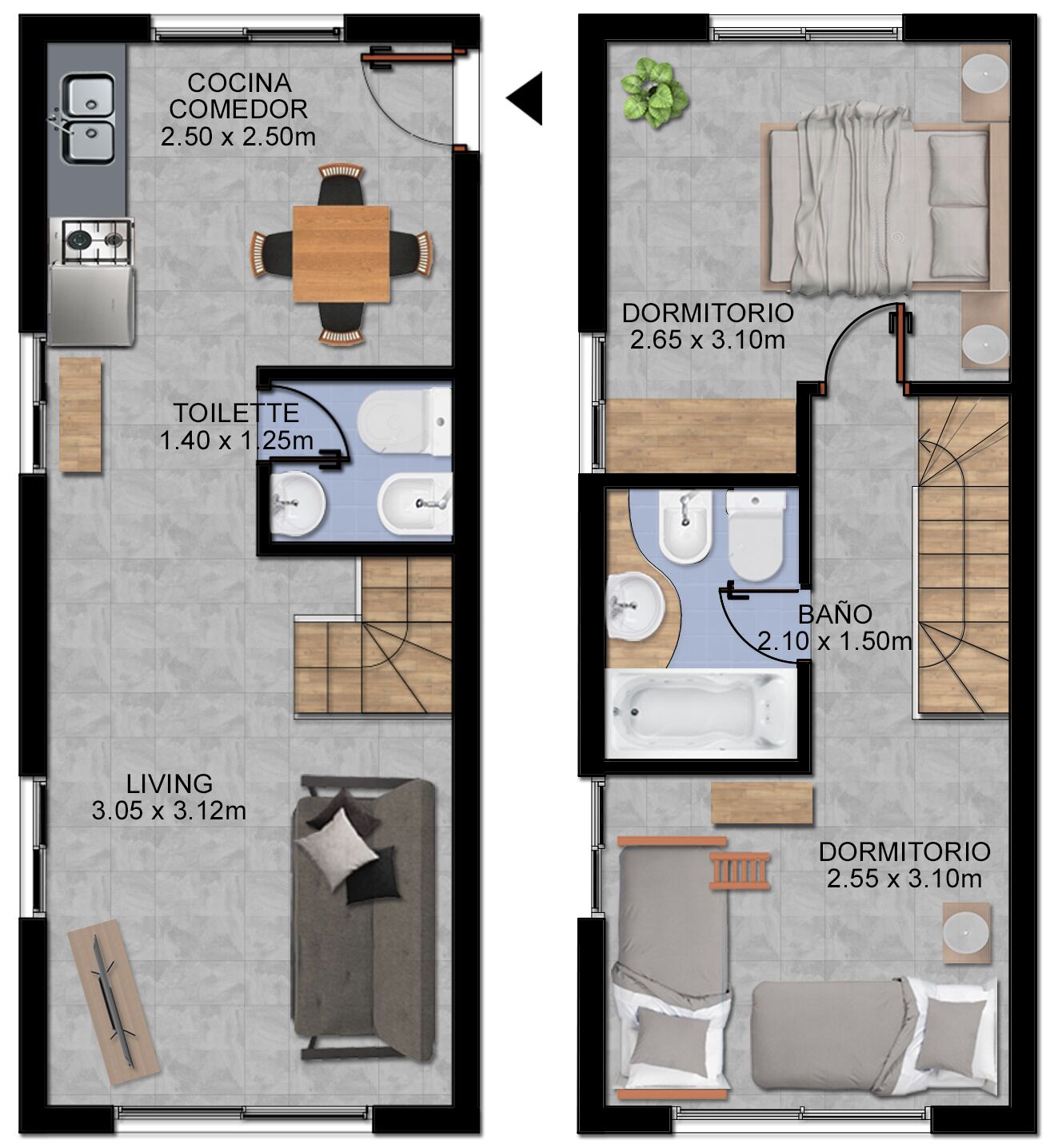 A floor plan of a hotel room with a kitchenette, a bathroom, a living area, and a bedroom.