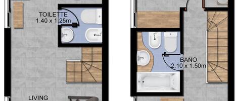 A floor plan of a hotel room with a kitchenette, a bathroom, a living area, and a bedroom.