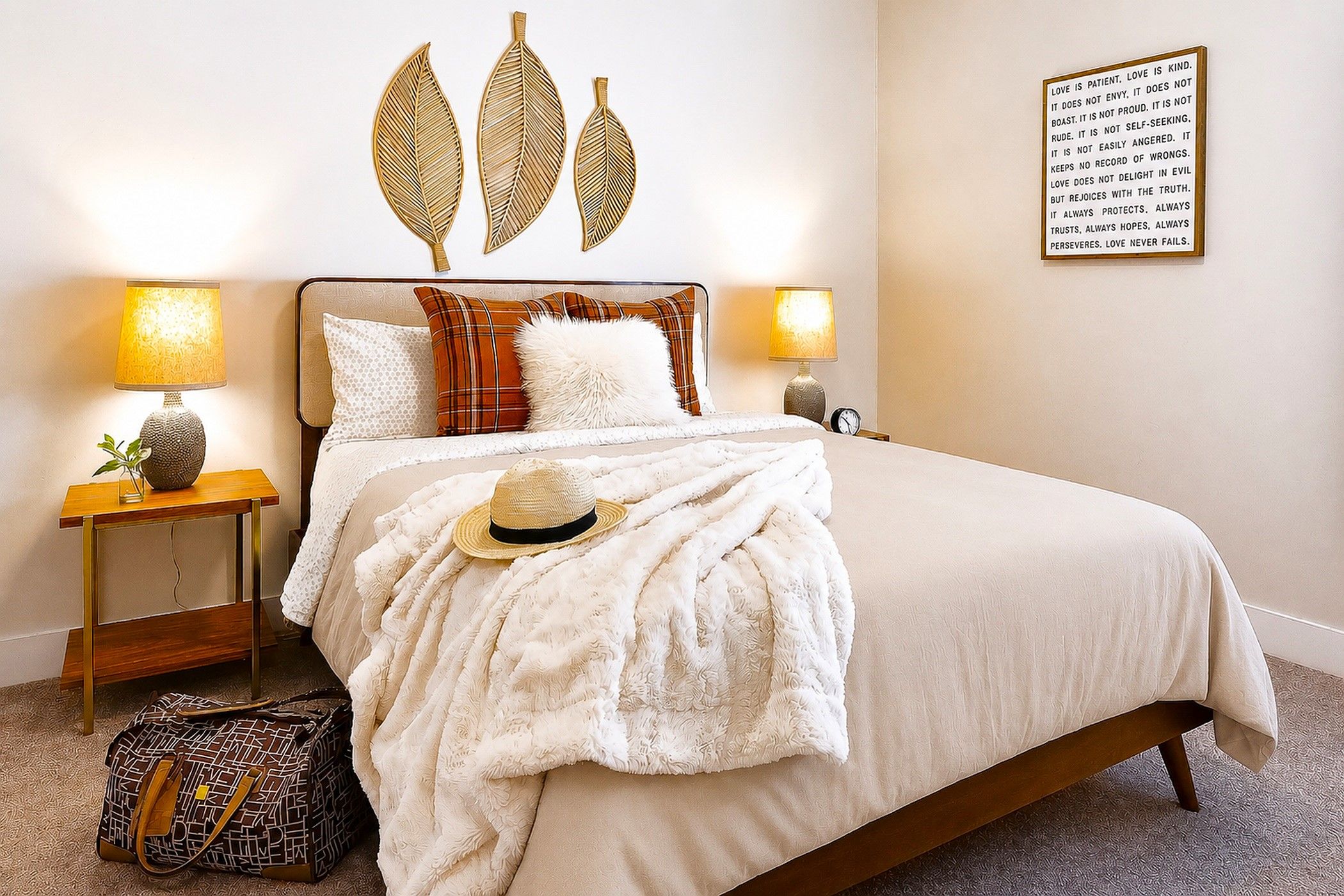 Una cama bien hecha con una colcha blanca, un sombrero decorativo y una mesita de noche con una lámpara.