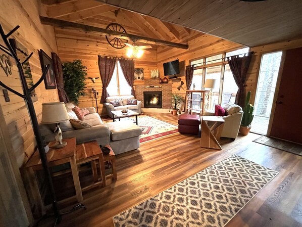 Televisio, takka, DVD-soitin, kirjoja