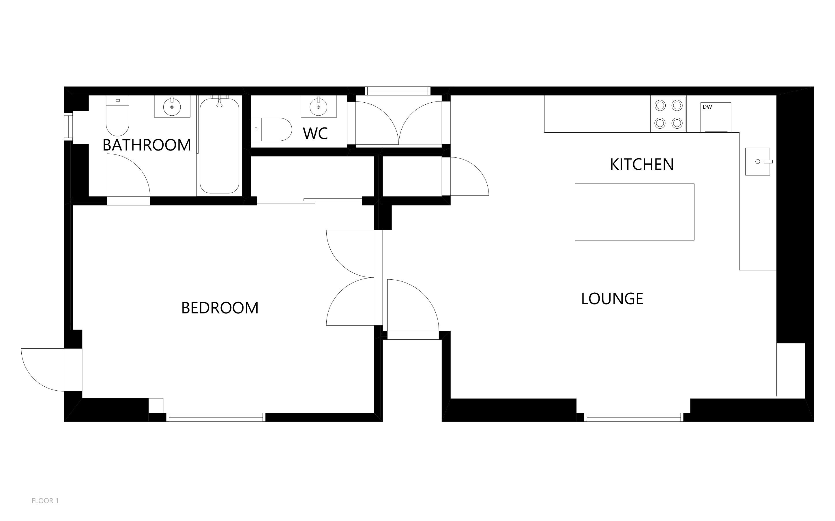 A floor plan of a hotel with a bedroom, bathroom, WC, kitchen, and lounge area.