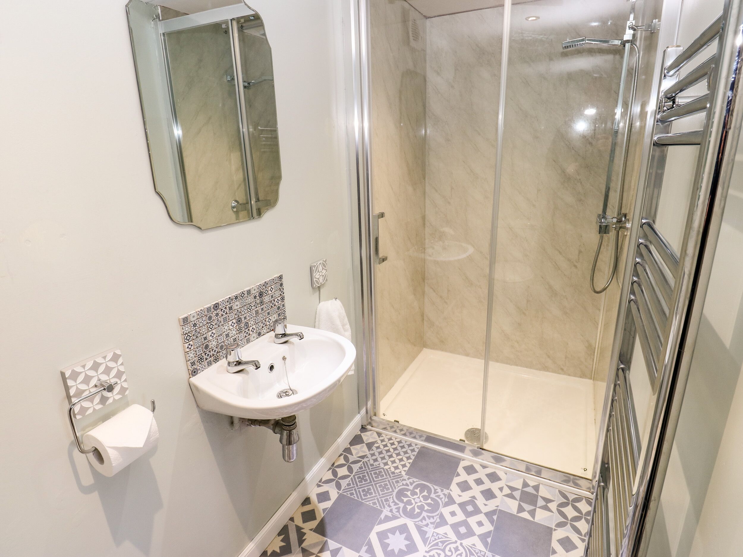 A bathroom with a sink, mirror, toilet paper holder, and a shower area.