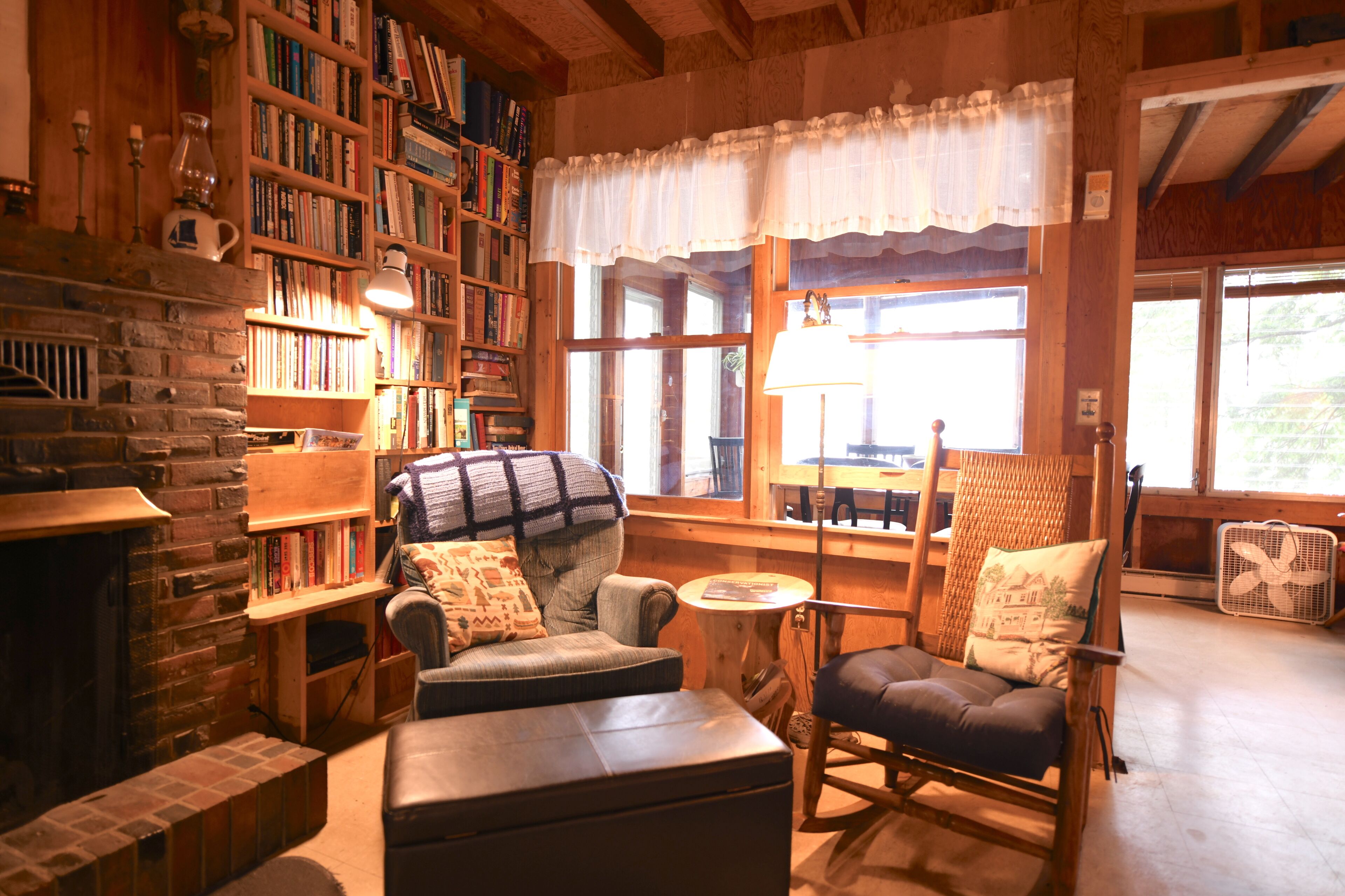 電視、壁爐、DVD 播放機、書籍