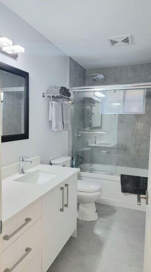 Bathroom features a sink, mirror, toilet, and glass-enclosed shower.