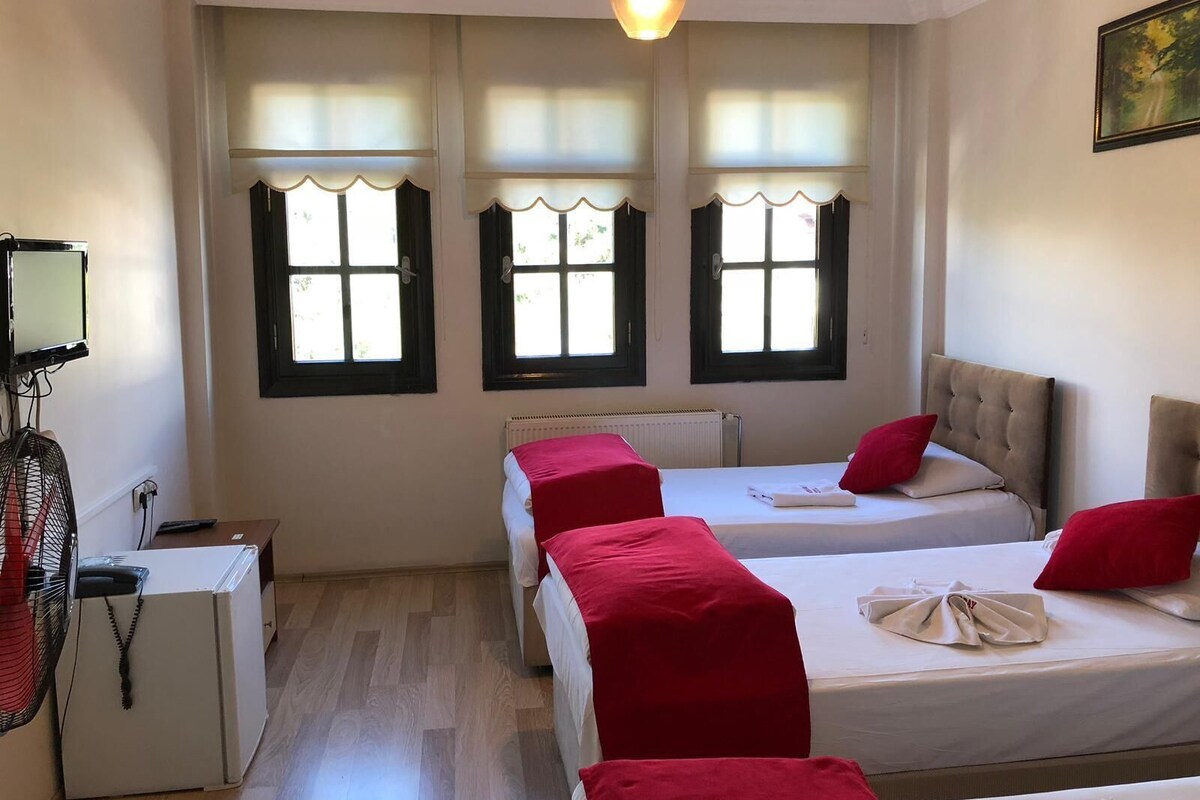 A hotel room with two beds, a television, a heater, and three windows with curtains.