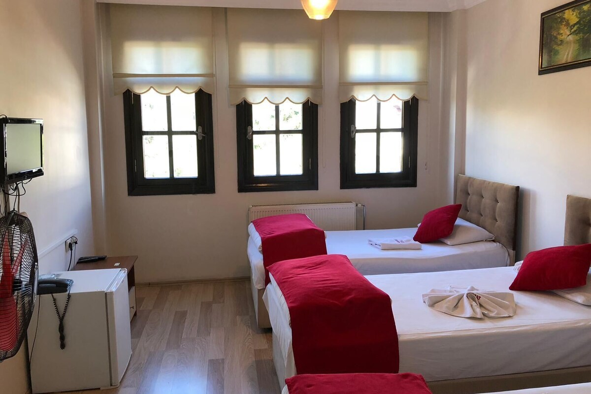 Una habitación de hotel con dos camas, televisión, calefacción y tres ventanas con cortinas.