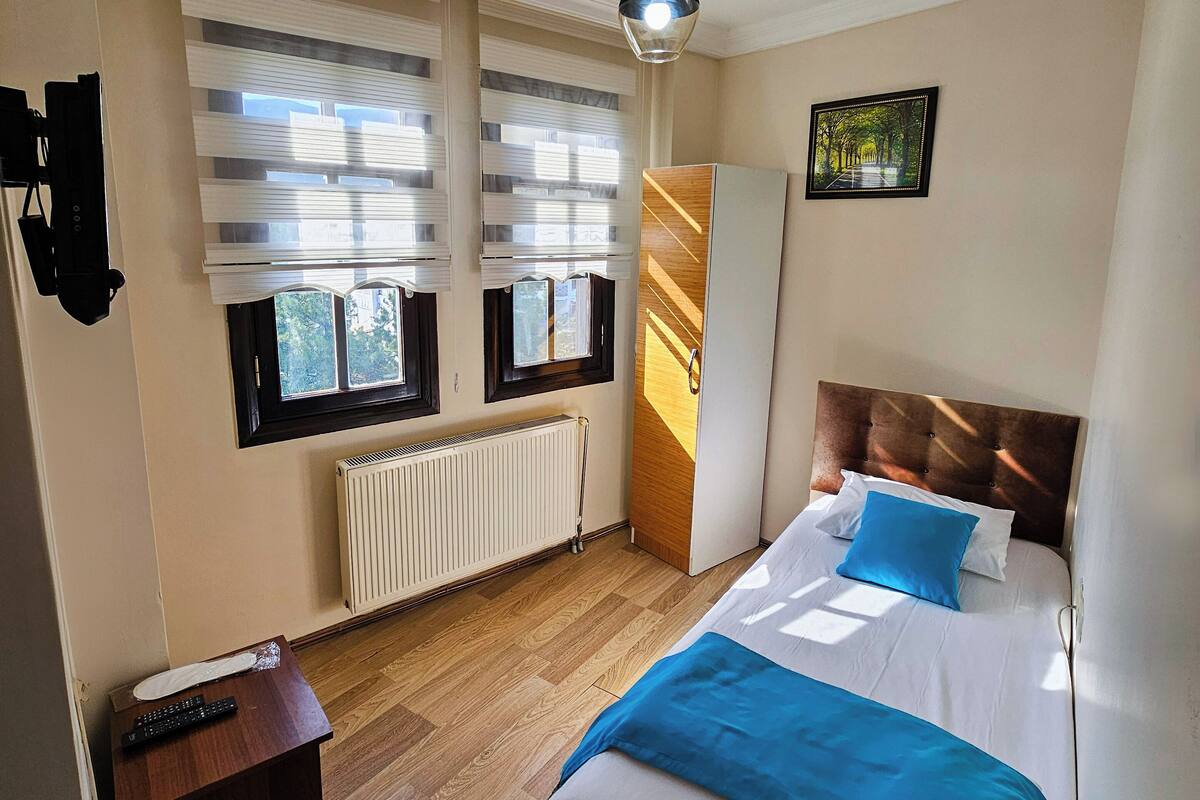 A bedroom with a bed, a radiator, a window with blinds, a ceiling light, and a picture on the wall.