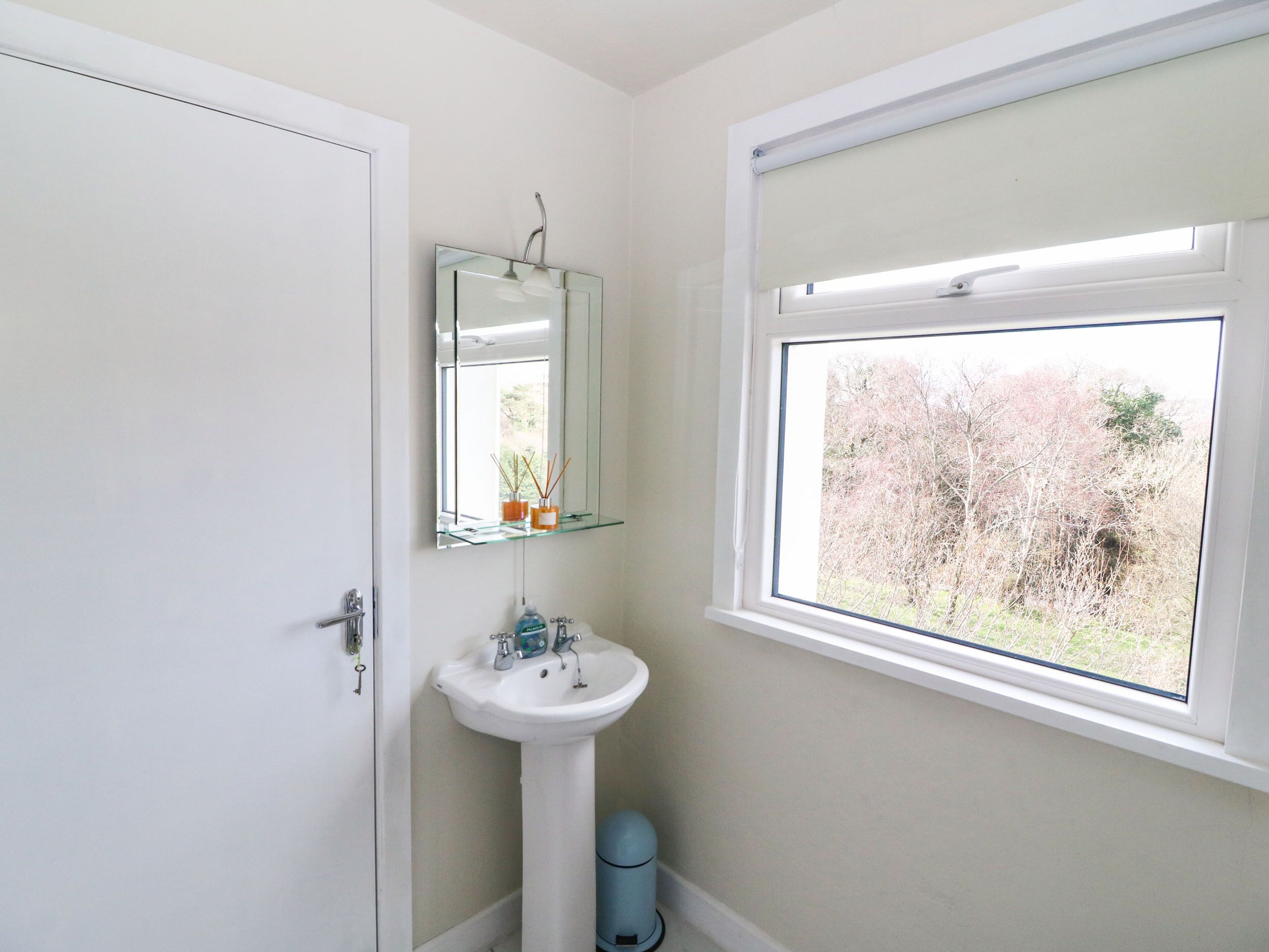 A bathroom with a white sink, a mirror, and a window.
