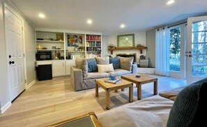 TV connectée, cheminée, lecteur de DVD, livres