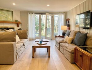 Smart TV, chimenea, reproductor de DVD y libros 