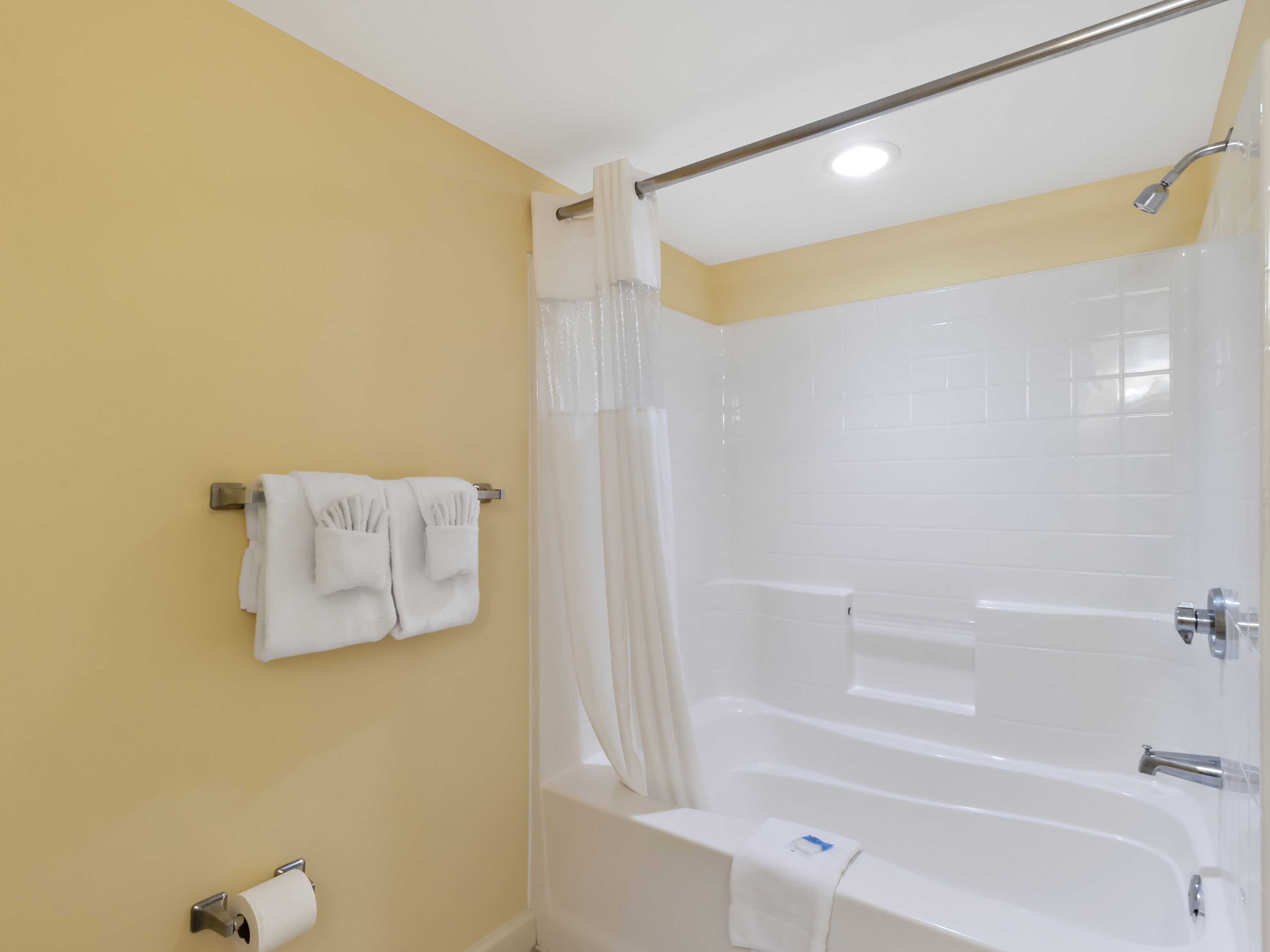 Un baño con una bañera, un perchero con toallas y un dispensador de papel higiénico.