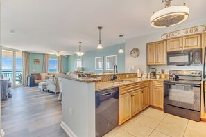 Fridge, microwave, oven, stovetop