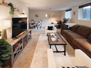 TV connectée, cheminée, livres