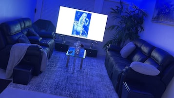 House | Living area | 85-inch flat-screen TV with cable channels, TV, Netflix