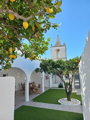 Une cour avec un citronnier, un bâtiment blanc orné d’arcades et, au fond, un clocher.