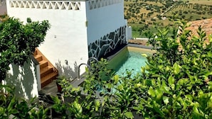 Una piscina con un muro de piedra, rodeada de vegetación, y una vista de un paisaje lejano.