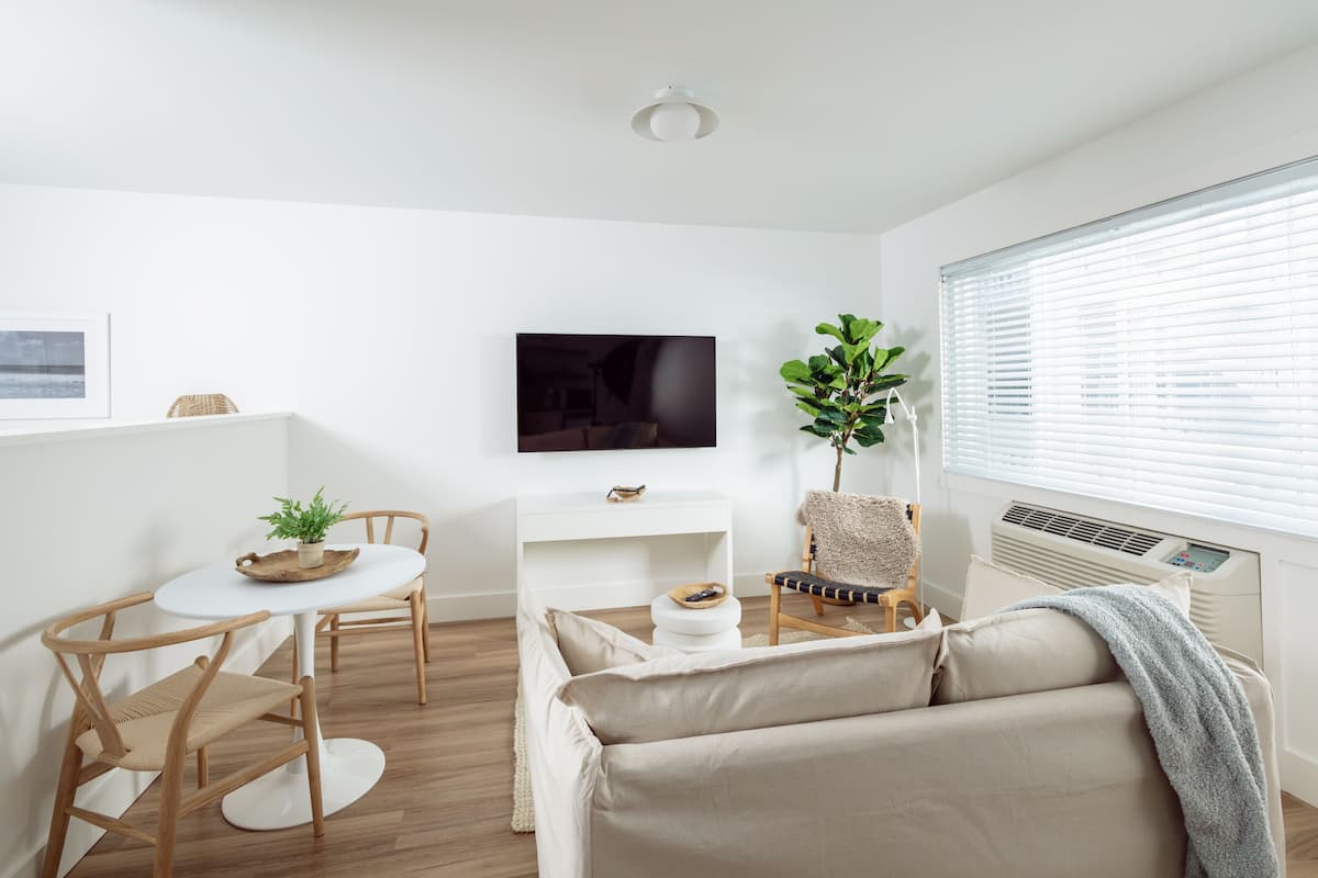 Un salon moderne avec un canapé, une table à manger et des chaises, un téléviseur fixé au mur et une plante en pot.