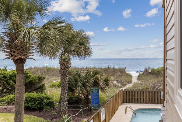 A pool area with a view of the ocean and beach, surrounded by palm trees and a wooden fence.